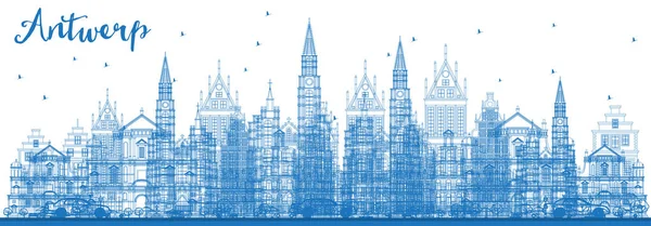 Osnovy Antverpy Belgie Panorama s modrou budov. — Stockový vektor