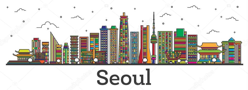 Outline Seoul South Korea City Skyline with Color Buildings Isol