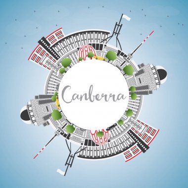 Canberra Avustralya şehir manzarası gri binalar, gökyüzü mavi bir