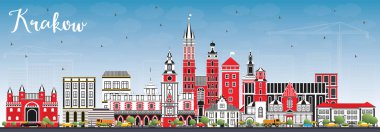Krakow Polonya şehir manzarası renkli binalar ve mavi gökyüzü ile.