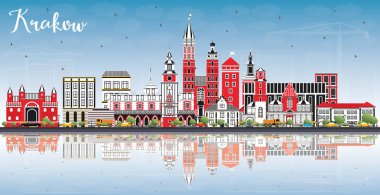 Krakow Polonya şehir manzarası renkli binalar, mavi gökyüzü ve Re