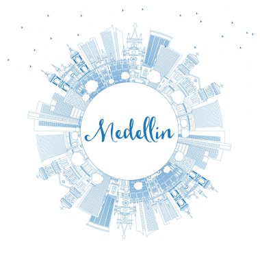Mavi binalar ve C ile anahat Medellin Kolombiya şehir manzarası