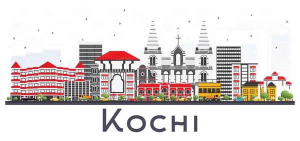 Kochi Índia City Skyline com edifícios coloridos isolados em branco . — Vetor de Stock