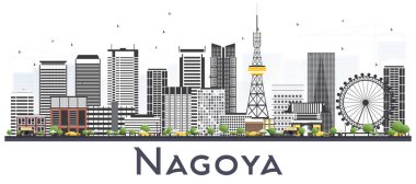 Nagoya Japonya şehir manzarası ile gri beyaz izole binalar.