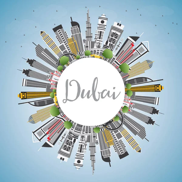 Dubai UAE City Skyline with Gray Buildings, Blue Sky and Copy Sp — Stock Vector