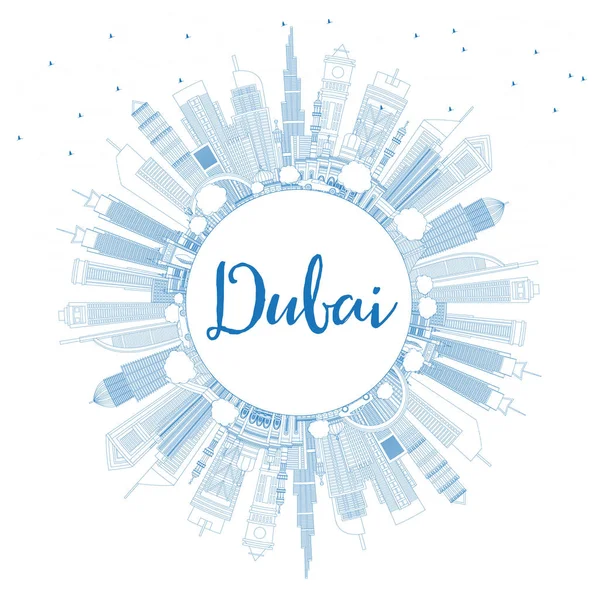Outline Dubai UAE City Skyline con edifici blu e Copia Spac — Vettoriale Stock