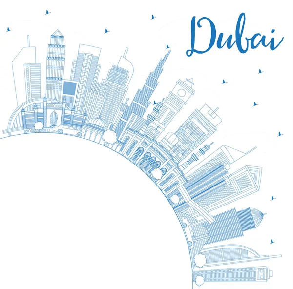 Περίγραμμα Ντουμπάι Ηνωμένα Αραβικά Εμιράτα πόλη στον ορίζοντα με μπλε κτίρια και αντίγραφο Spac — Διανυσματικό Αρχείο