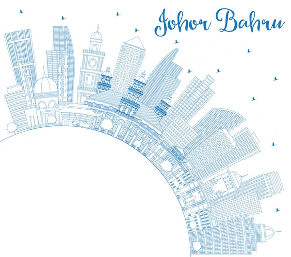 Esquema Johor Bahru Malasia Skyline con edificios azules y policía — Vector de stock