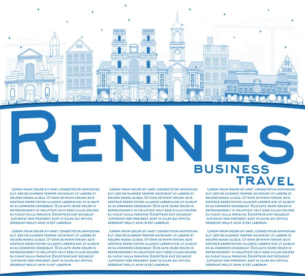 Rennes France City Skyline with Blue Buildings and Copy — стоковый вектор