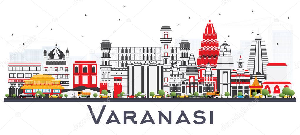 Varanasi India City Skyline with Color Buildings Isolated on Whi
