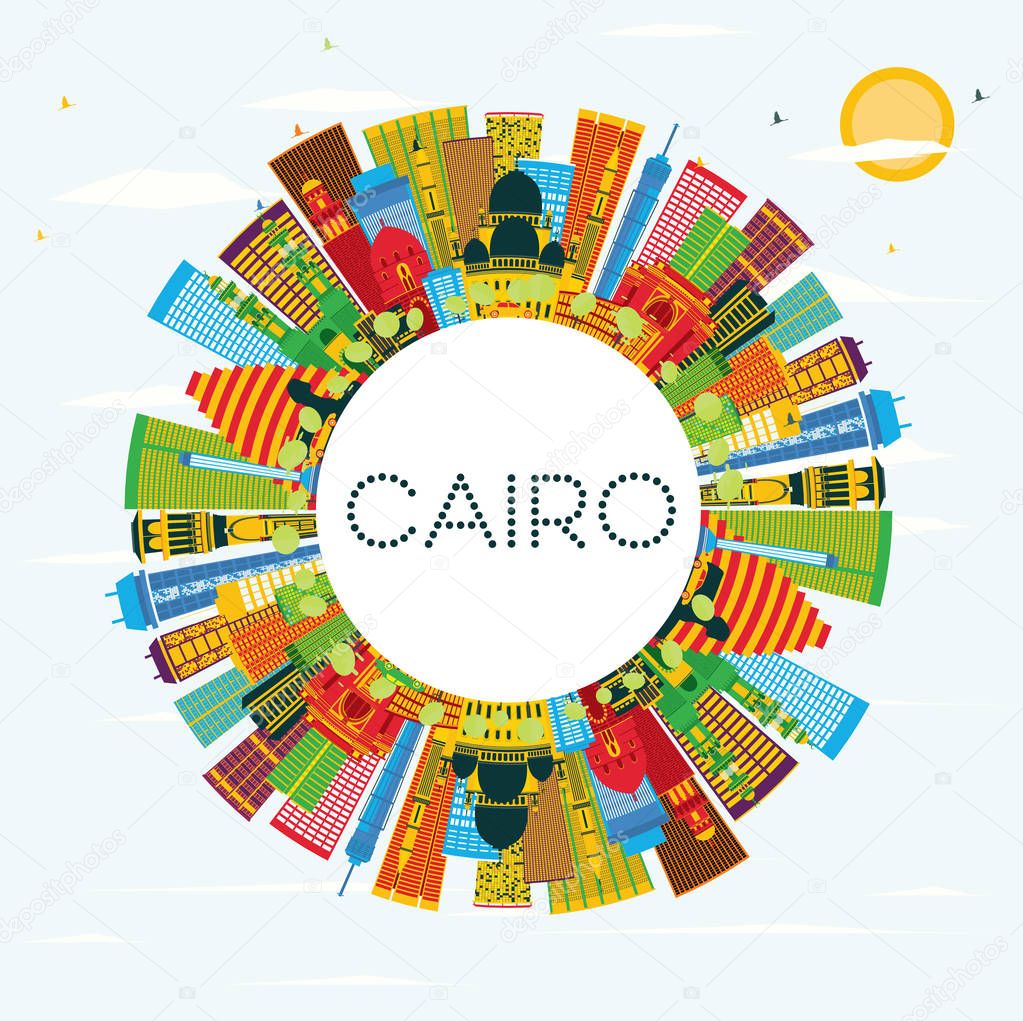 Cairo Egypt City Skyline with Color Buildings, Blue Sky and Copy
