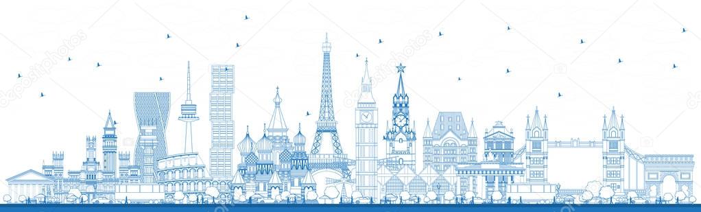 Outline Famous Landmarks in Europe. Vector Illustration. 