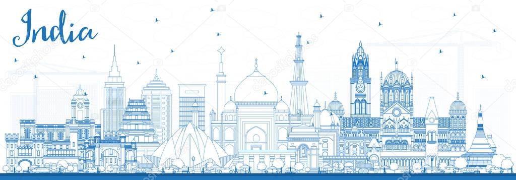 Outline India City Skyline with Blue Buildings. Delhi. Mumbai, B