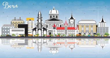 Bern İsviçre şehir manzarası renkli binalar, mavi gökyüzü ve