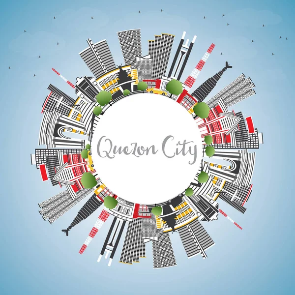 Quezon City Filipinas Skyline com edifícios cinzentos, céu azul e —  Vetores de Stock