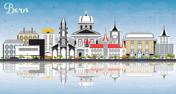 Bern İsviçre şehir manzarası renkli binalar, mavi gökyüzü ve