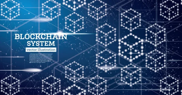 Blockchain Neon anahat kavramı mavi zemin üzerine.
