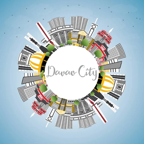 Davao City Filipinas Skyline com edifícios cinzentos, céu azul e — Vetor de Stock
