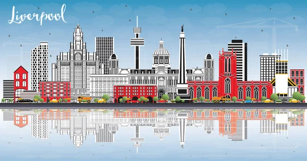 Liverpool manzarası renkli binalar, mavi gökyüzü ve yansımaları ile