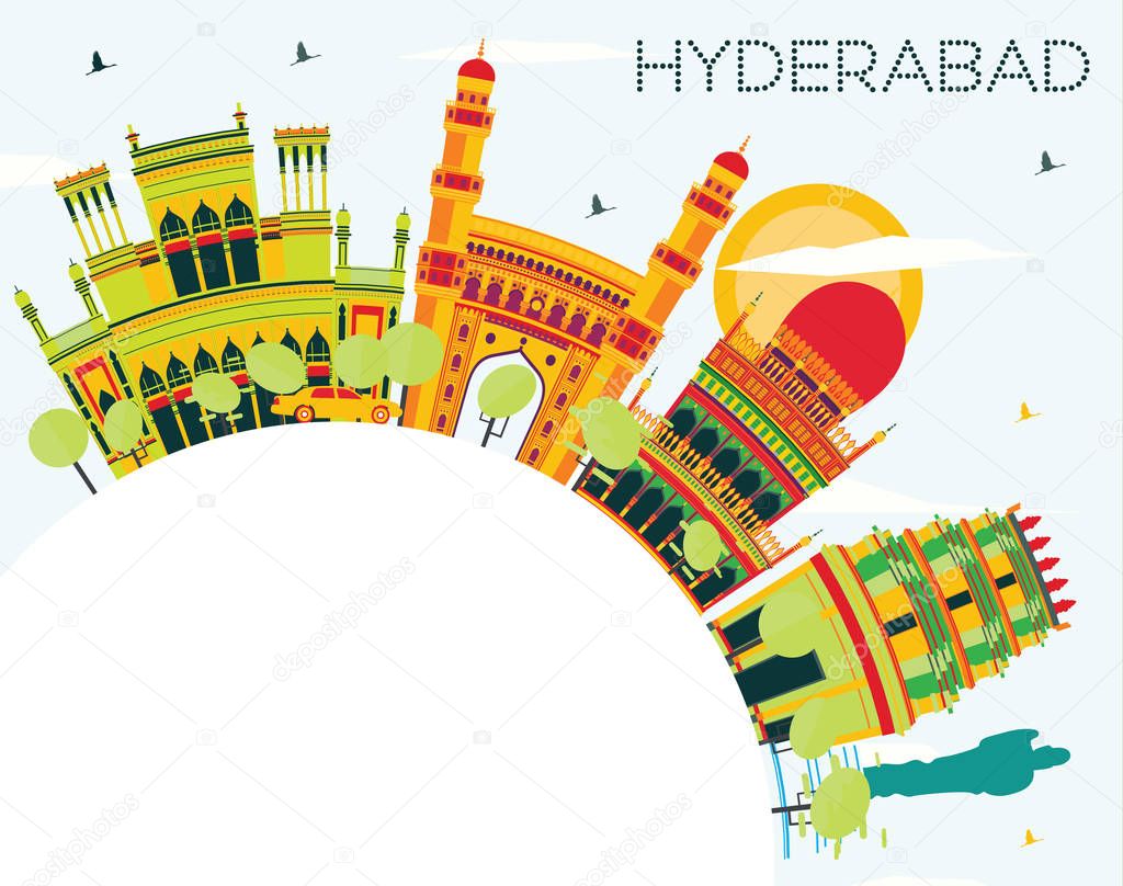 Hyderabad City Skyline with Color Buildings and Copy Space.