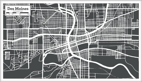 Mapa de la ciudad de Des Moines USA en estilo retro. Mapa del esquema . — Vector de stock