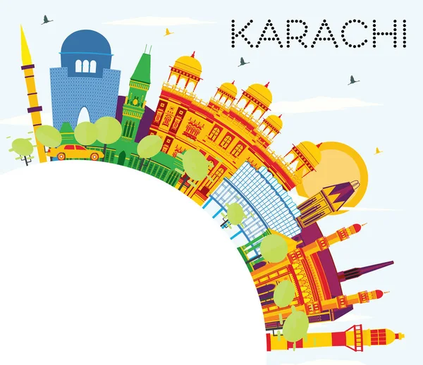 Karachi Skyline com marcos de cores, céu azul e espaço de cópia . —  Vetores de Stock