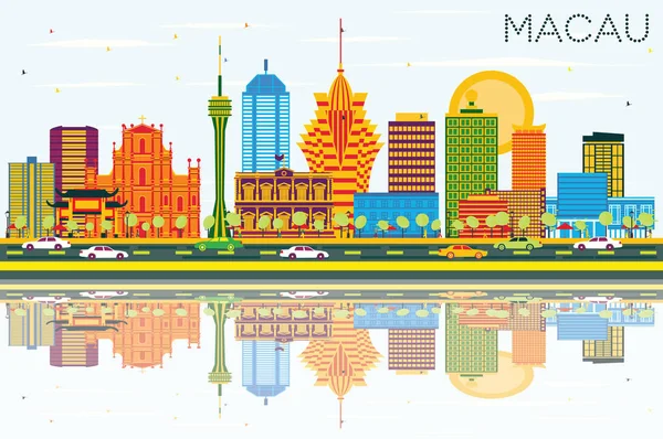 Macau Çin şehir manzarası renkli binalar, mavi gökyüzü ile tașõma — Stok Vektör
