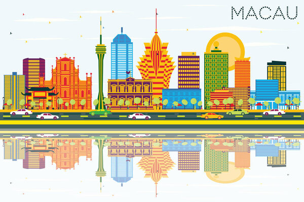 Macau China City Skyline with Color Buildings, Blue Sky and Refl
