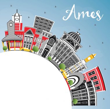 Ames Iowa manzarası renkli binalar, mavi gökyüzü ve kopya alanı.