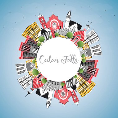 Cedar Falls Iowa manzarası ile renk binalar, mavi gökyüzü ve kopya