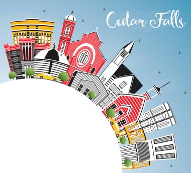 Cedar Falls Iowa manzarası ile renk binalar, mavi gökyüzü ve kopya