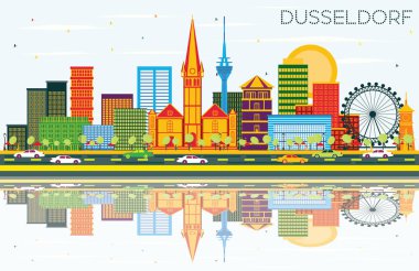 Dusseldorf manzarası renkli binalar, mavi gökyüzü ve yansıma ile