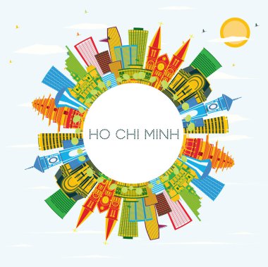 Ho Chi Minh manzarası renkli binalar, mavi gökyüzü ve kopya girintili