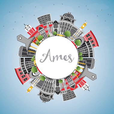 Ames Iowa manzarası renkli binalar, mavi gökyüzü ve kopya alanı.