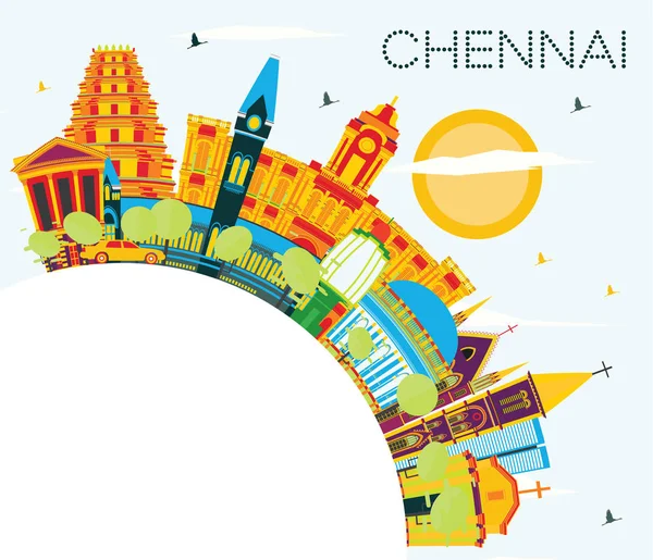 Chennai India Skyline színes tereptárgyak, a Blue Sky és másol Sp — Stock Vector