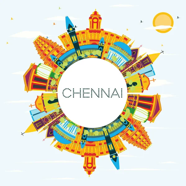 Chennai indien skyline mit farbigen landmarken, blauem himmel und copy sp — Stockvektor