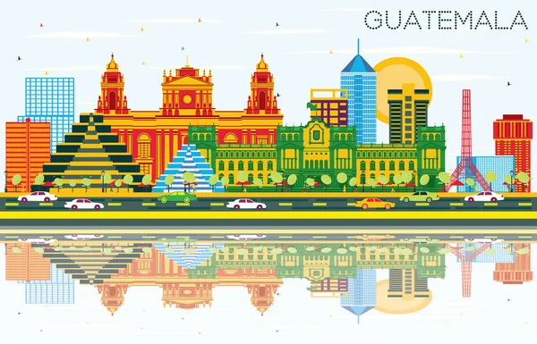 Guatemala Panorama s barvou budov, modrá obloha a odrazy — Stockový vektor