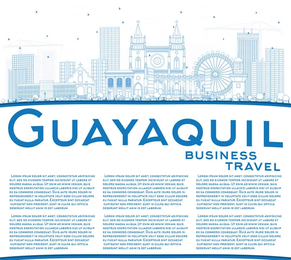 Outline Guayaquil Ecuador City Skyline con Blue Buildings e C — Vettoriale Stock