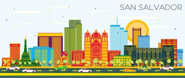 San Salvador City Skyline con edifici a colori e cielo blu . — Vettoriale Stock