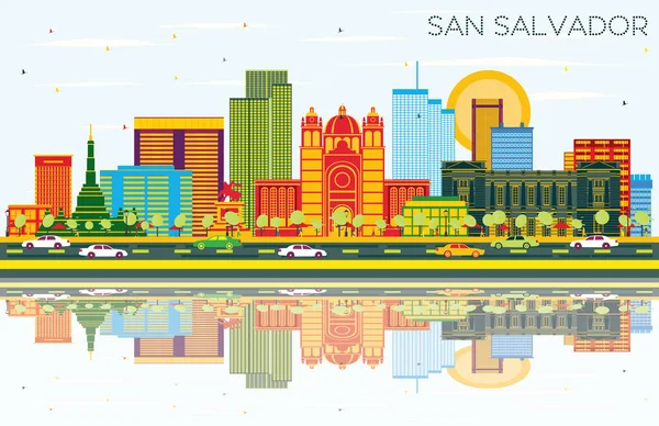 San Salvador şehir manzarası renkli binalar, mavi gökyüzü ve Ref — Stok Vektör