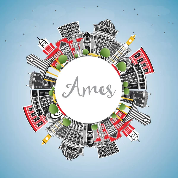 Ames Iowa Skyline con edificios a color, cielo azul y espacio de copia . — Vector de stock