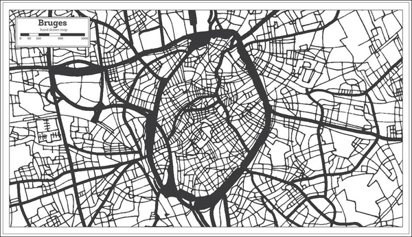 Brujas Bélgica Mapa de la ciudad en color blanco y negro. Mapa del esquema . — Archivo Imágenes Vectoriales