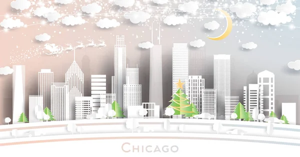 Chicago Illinois USA City Skyline en estilo de corte de papel con Snowfl — Archivo Imágenes Vectoriales