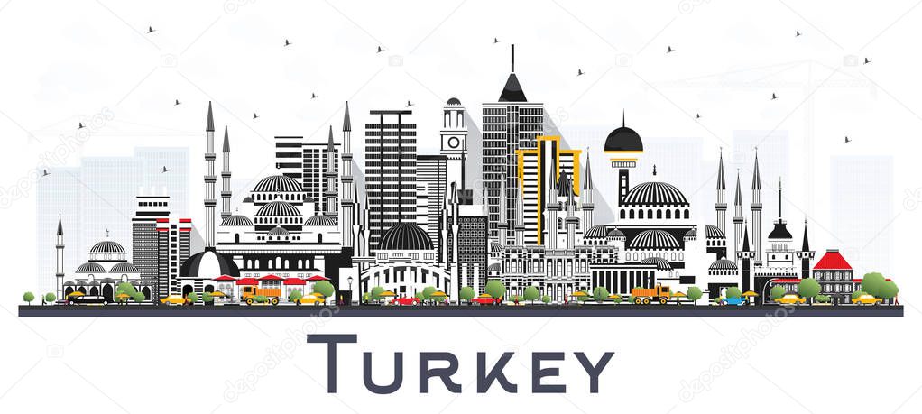 Turkey City Skyline with Color Buildings Isolated on White.