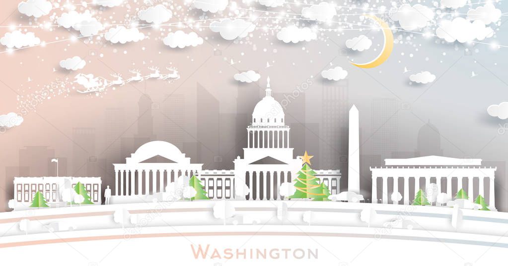 Washington DC USA City Skyline in Paper Cut Style with Snowflake