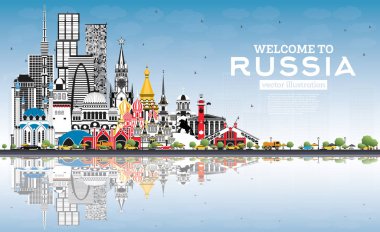 Rusya 'ya hoş geldiniz Gri Binalar ve Mavi Gökyüzü ile Skyline. 