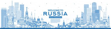 Outline Welcome to Russia Skyline with Blue Buildings.  clipart