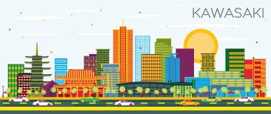 Kawasaki Japonya şehir manzarası renkli binalar ve mavi gökyüzü ile. 