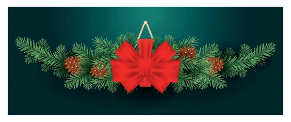 Ozdoba świąteczna z czerwonym łukiem na gałęziach drzew z stożkiem — Wektor stockowy