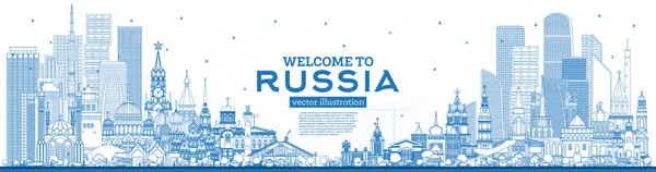 Outline Welcome to Russia Skyline with Blue Buildings. — Stock Vector
